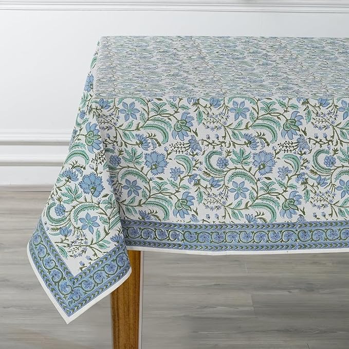 Ridhi Columbia Blue Hand Block Print Cotton Rectangle Tablecloth 120 x 80 inches Reusable Table Cover Decorative Everyday Use for Dining Room, Farmhouse, Home, Party, Festive & Wedding, Fall