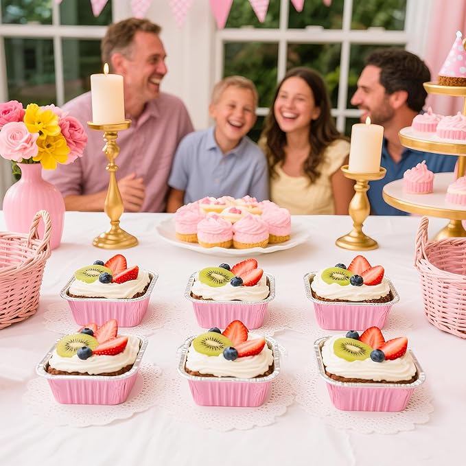 60 Pack Mini Cake Pans with Lids Mini Aluminum Pans, Disposable Loaf Pans Cupcake Liners with Lids for Pudding, Souffle, Party, Wedding(Pink, 5 oz)