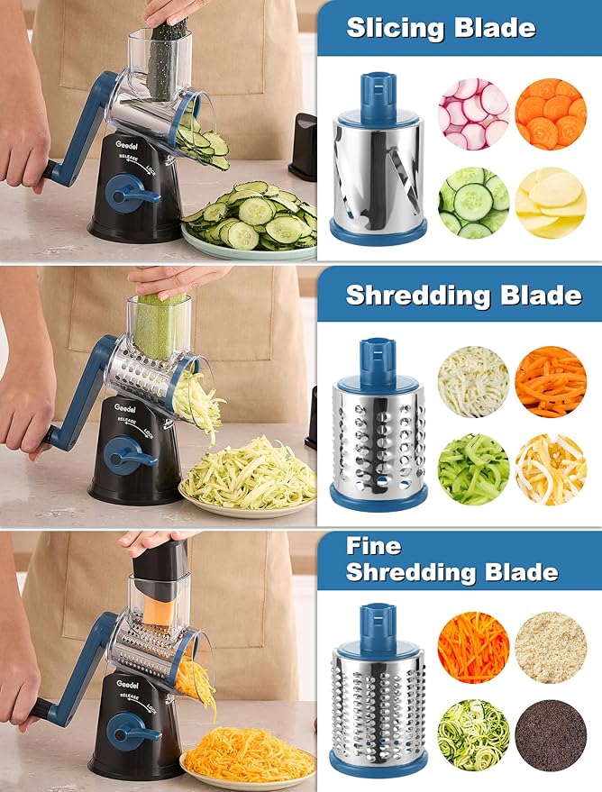 Geedel Rotary Cheese Grater Cheese Shredder - Upgraded 5-in-1 Cheese Grater with Handle and Strong Suction Base, Multi-purpose Vegetable Slicer Ice Shaver Nuts Grinder for Ice, Vegetables, Fruit, Nuts