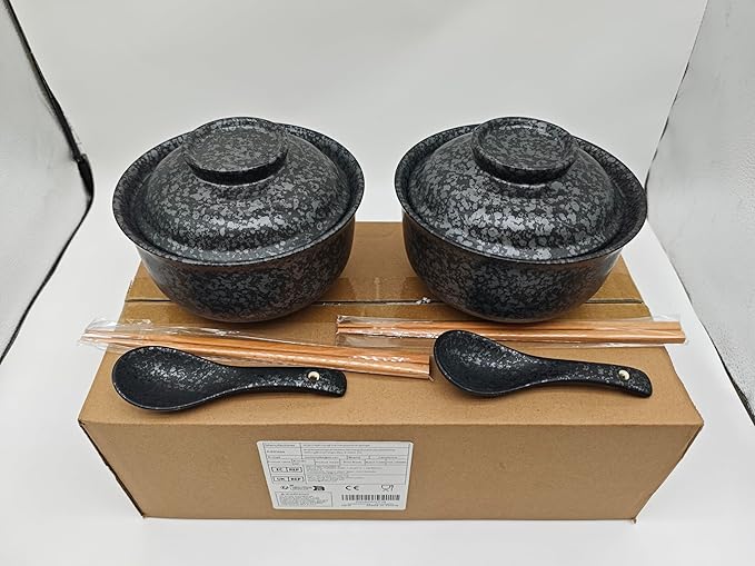 Ceramic Ramen Bowl Set, 800ml, with Lid, Spoon and Chopsticks, Japanese Vintage Large Soup Bowls Instant Noodle Bowl Asian Tableware (Black*2)
