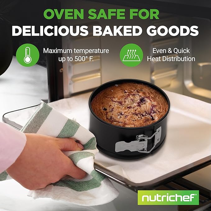 NutriChef 3-Piece Nonstick Springform Pan Set - Premium Carbon Steel Cheesecake Pans with Stainless Steel Clasp - 6", 8", 10" Sizes, Oven Safe up to 450°F - Includes 300pcs Parchment Paper (Black)