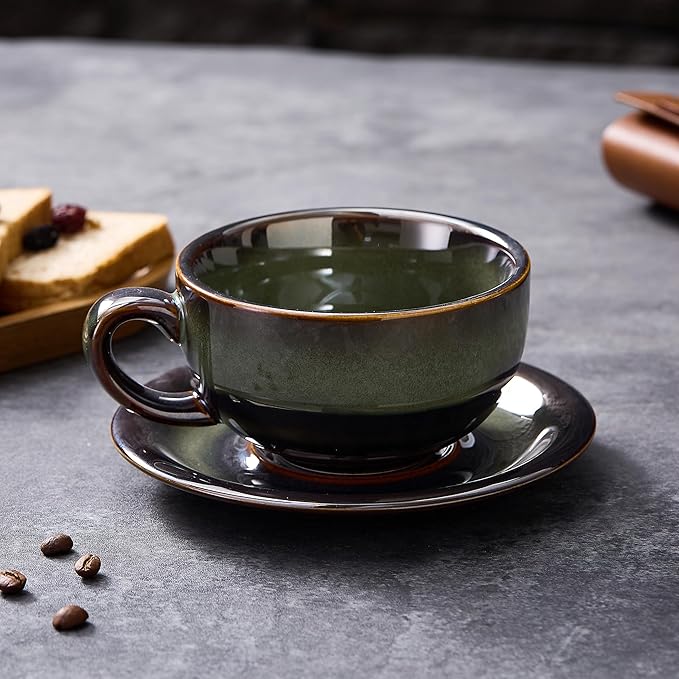 Vintage Design 12 oz Ceramic Latte Art Cappuccino Barista Cup with Saucer (Sea Grey)