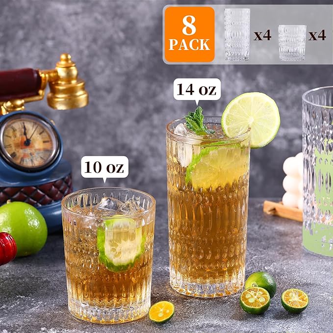Glassware Drinking Glasses Set of 8, 14 oz Highball Glasses & 10 oz Ribbed Glass Cups, Vintage Glassware for Water, Juice, Cocktail, Whiskey (Clear)