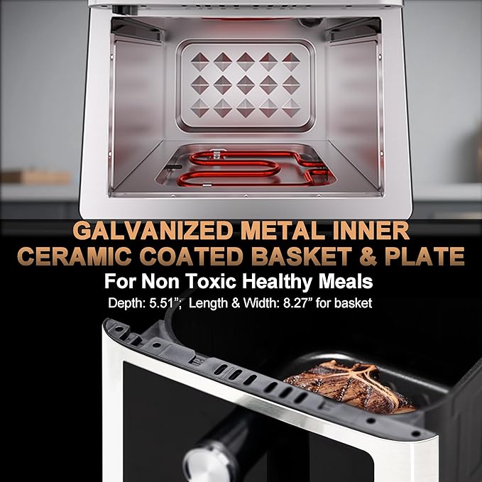 6QT Air Fryer, 2-3 Servings, 12-in-1 Dual Heats Stainless Steel & Full Metal Housing, Deep Basket with PFAS & PTFE-Free Premium Ceramic Coating, 1700W, DAYBEST Dishwasher Safe Kits (Silver)