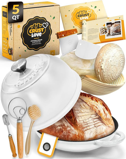 Dutch Oven Bread Baking - 5QT Enamel Bread-Dome - incl Sourdough Bread-Baking Suppliers like Dough Whisk Scoring Lame etc Bread-Oven Cast Iron for Sour dough Bread-Pan with Lid, Bread-making