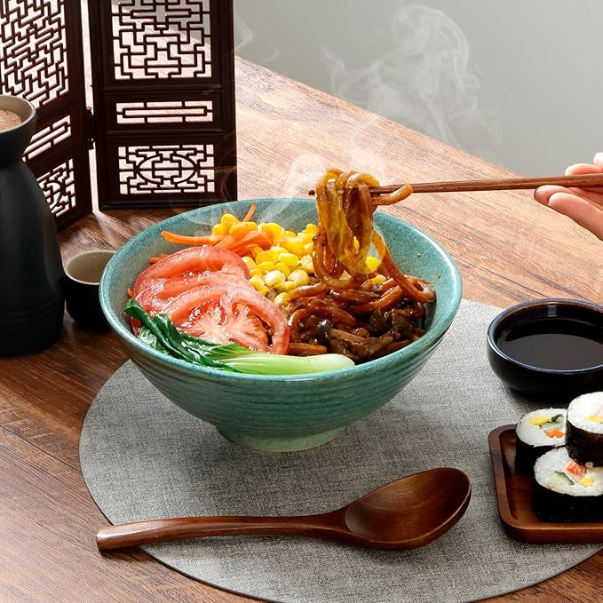 NUTRIUPS 8 Inch Ceramic Ramen Bowl Set of 2 Pho Bowls 40oz Japanese Noodle Udon Soup Bowls with Spoons and Chopsticks (Ice Crack Green)