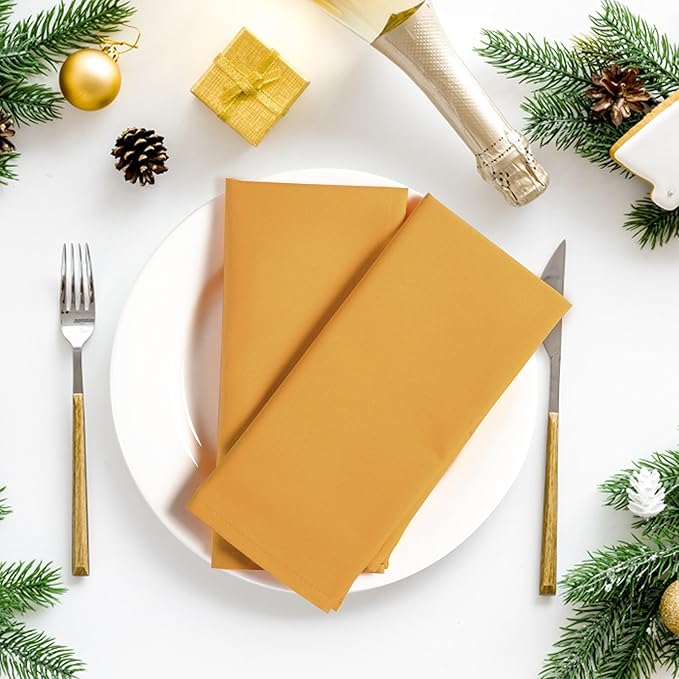 Ramanta Home Set of 12 Polyester Cloth Napkins 18x18 Inches - Washable Dinner Napkins with Hemmed Edges for Weddings, Thanksgiving, Hotel - Durable Table Linen for Parties or Everyday Use - Mustard