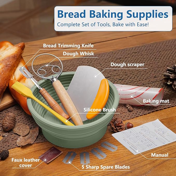 Electric Heating Bread Proofing Basket, Sourdough Starter Warmer - 4 Heat Settings, Foldable 9-Inch Sourdough Starter Kit, Silicone Banneton Basket-Multipurpose for Warming Pet Food, Green