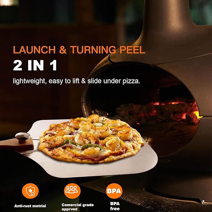 Aluminum Metal Pizza Peel (12" X 14"), Pizza Spatula with 14’’ Rocker Cutter, Pizza Paddle with Foldable Wooden Handle for Easy Storage, Pizza Spatula Paddle for Indoor & Outdoor Ovens