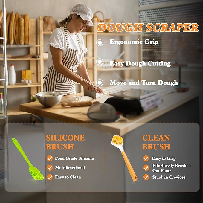 Sourdough Bread Baking Supplies, Banneton Bread Proofing Basket 9" Round & 10" Oval, Sourdough Starter Kit with Bread Sling, Lame, Danish Whisk