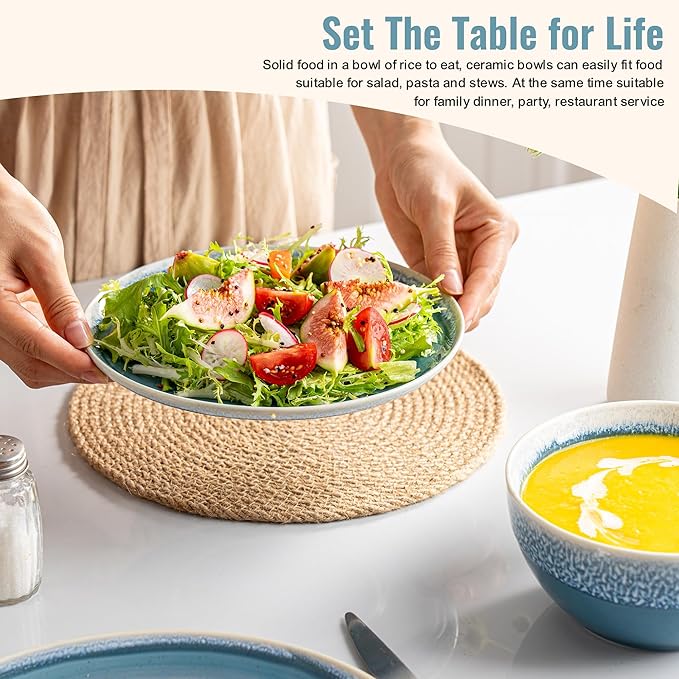 Plates and Bowls Sets, 12 Pieces Blue Dinnerware Sets for Kitchen, Reactive Glaze Dishes Set for 4, Dishwasher and Microwave Safe, Series Starflecked Shore (Blue)