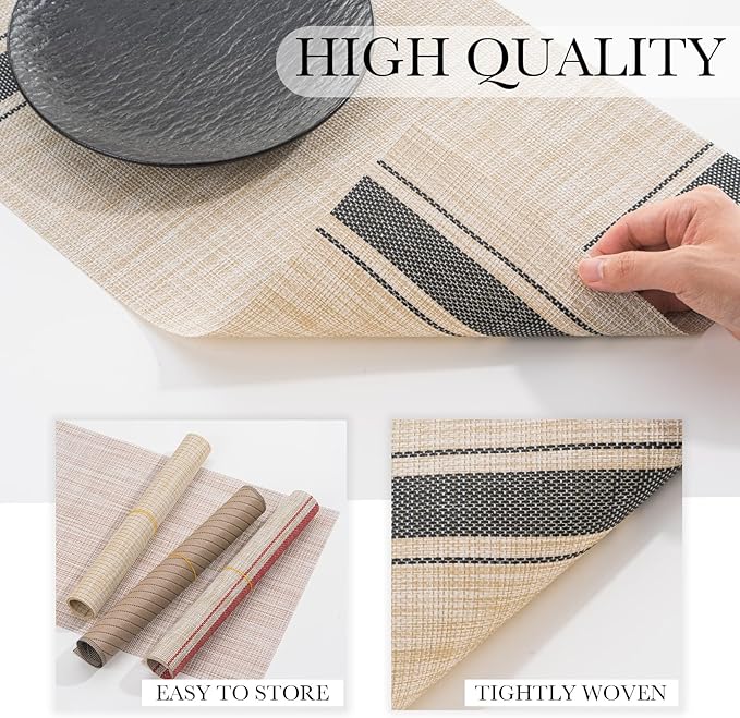 BACKTOEDEN Placemats Set of 8 Heat Resistant Washable Wipeable Placemat Woven Non-Slip Foldable Vinyl/Plastic Place Mats Indoor/Outdoor Mat Kitchen Dining Table Pad, Black Skyline