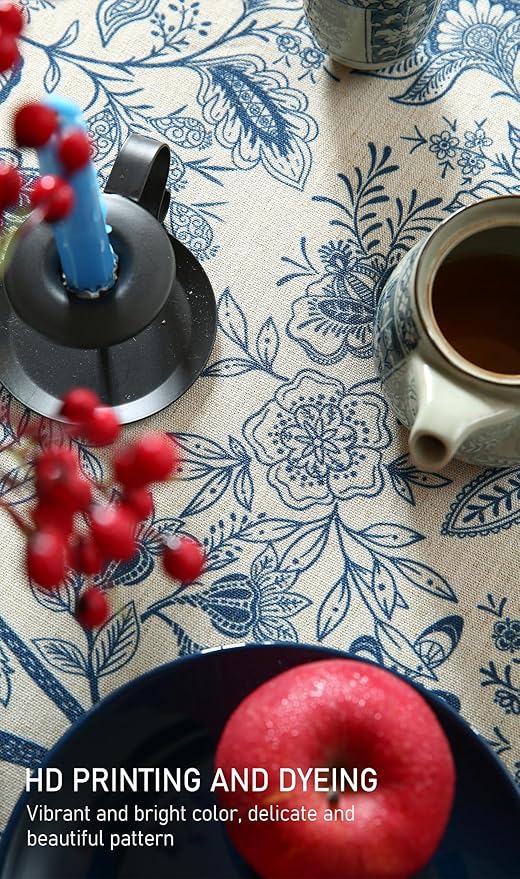 French Floral Tablecloth for Round Tables,Linen Table Cloth with Blue Flowers Pattern,Heavy Durable Table Cover for Dining Kitchen Decor Party Banquet Christmas, Diameter 55"