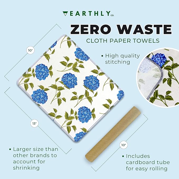 Reusable Paper Towels - 10 PACK - Roll of Washable Cotton Cloth Paper Towels - Paperless Reusable Napkins Cloth Washable - Absorbent + Long Lasting - Zero Waste Products - (Blue Hydrangea)
