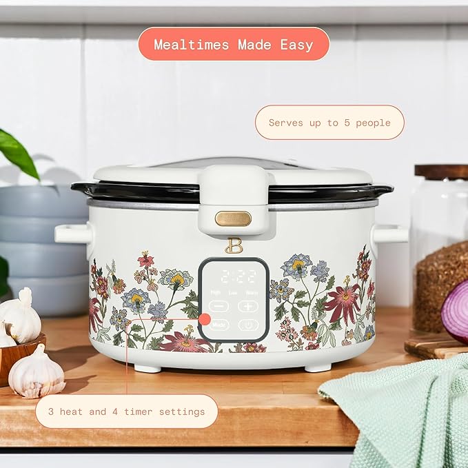 Beautiful 4-Qt Programmable Slow Cooker with Hinged Locking Lid & Touch Display – 3 Heat / 4 Timer Settings