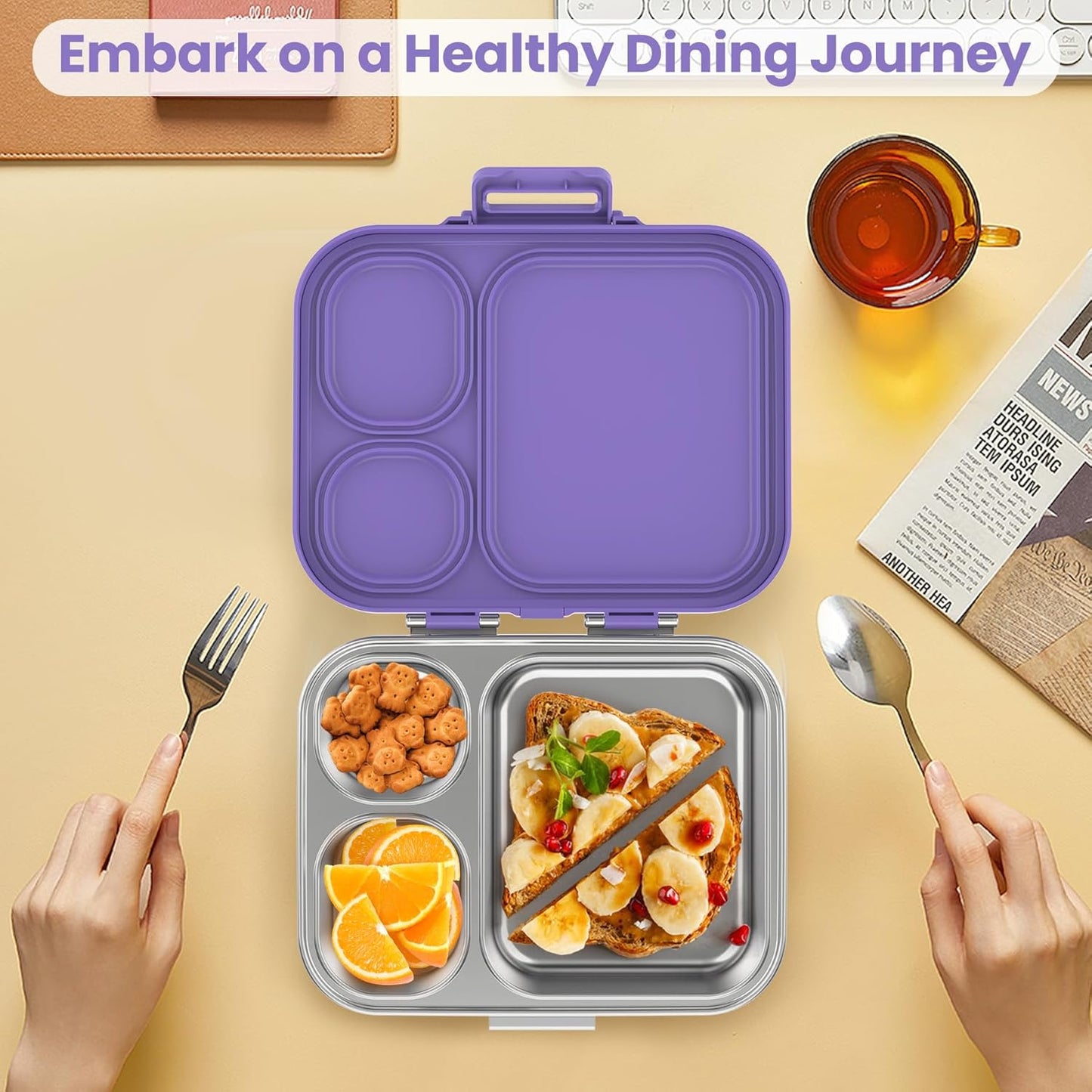 Stainless Steel Bento Lunch Box for Kids | 3-Compartment Lunch Box Container Kids | 100% Leakproof, Dishwasher-Safe, Eco-Friendly, Perfect Portion Control for Kids&Adult Healthy Meals (Purple)