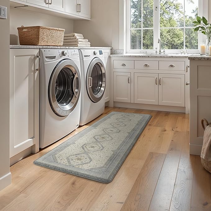 GENIMO Kitchen Mats for Floor 2PCs, Washable Anti Fatigue Mat for Cushioned, 17.3"x47"+17.3"x30", Waterproof Kitchen Rugs, Non Slip Comfort Standing Mat Rug for Home, Sink, Laundry, Lightblue