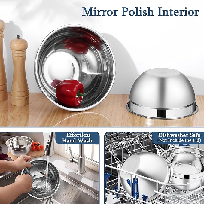 LIANYU Mixing Bowls Set with Airtight Lids, Stainless Steel Large Metal Kitchen Bowls Set of 3, Dishwasher & Freezer Safe, 1.5QT & 3QT & 4.6QT, Blue