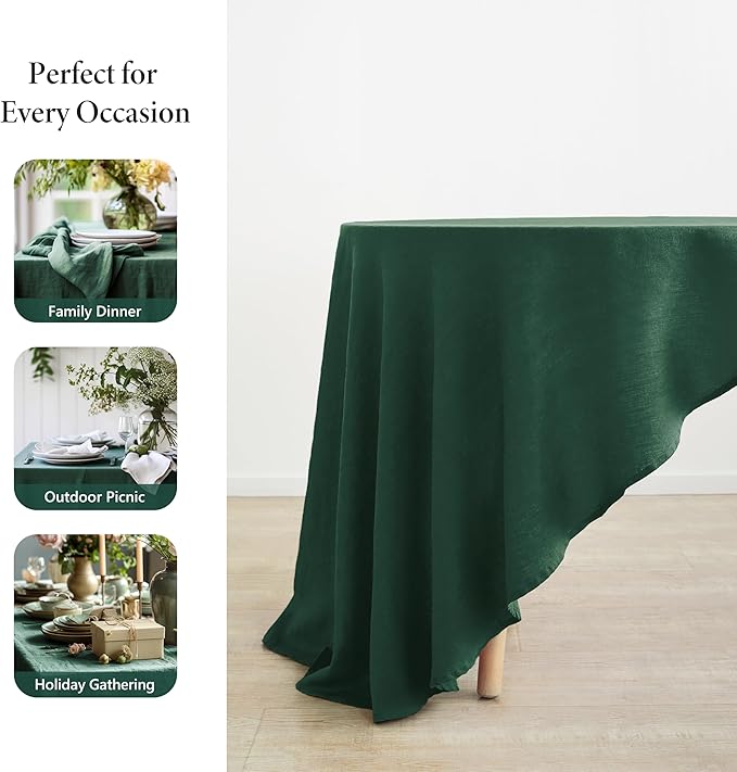 Linen World Green Linen Tablecloth - 100% French Linen Round Tablecloth 90" Inch, Washable Natural Table Cloth for Dining, Outdoor, Weddings and Restaurants, Decorative Thanksgiving Christmas