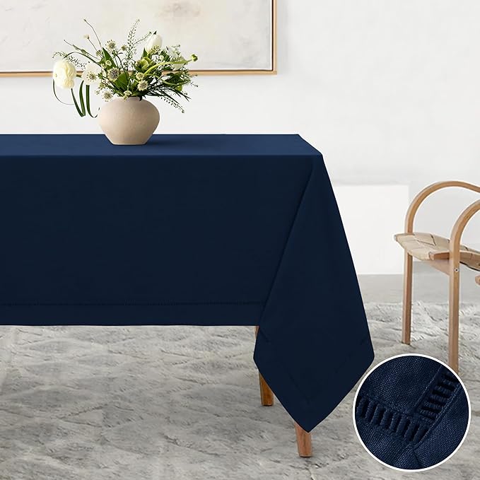 Linen World Hemstitch Linen Tablecloth, French Linen Navy Tablecloth 55" x 55" Inch, Washable Square Table Cloth for Dining, Outdoor, Weddings and Restaurants, Decorative Valentine Easter