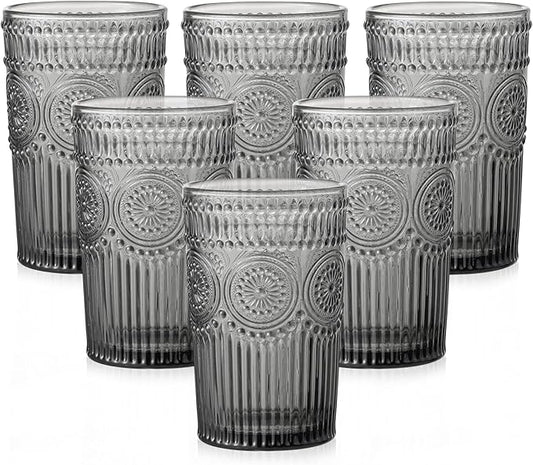 Vintage Glassware Drinking Glasses Set of 6,13 oz Grey Textured Flower Design Glass Water Tumblers，Embossed Striped Drinkware for Water,Cocktails,Juice,Iced Coffee