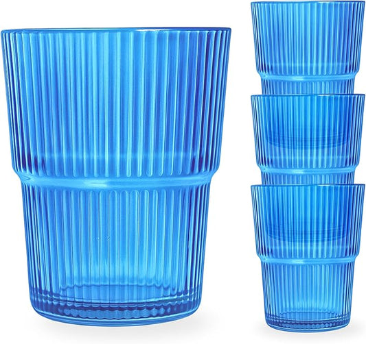 Ribbed Drinking Cups Set of 4-14oz Blue Highball Glass, Stackable Vintage Tumblers for Cocktails, Iced Coffee, Juice & Water, Elegant Everyday Glassware