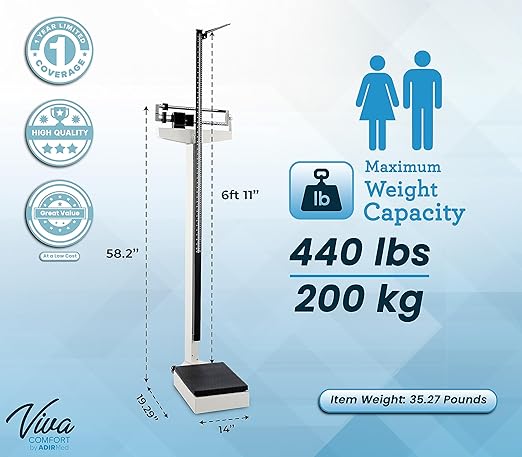 AdirMed Mechanical Physician Scale with Height Rod - Manual Measuring Scale - Eye-Level Display Dual Reading Die-Cast Beam with Two Sliding Weights & Retractable Height Rod