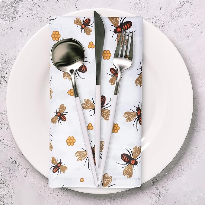 Urban Villa Dinner Napkins Honey Bee Print Cloth Napkins (Set of 12) Oversized 20x20 Inches 100% Cotton Premium Quality Soft Durable with Mitered Corners Reusable Washable Everyday Use Parties Napkins