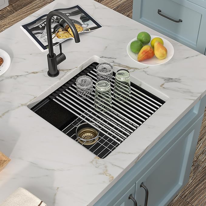 18 Undermount Bar Sink Workstation - Fulorni 18"x18" Undermount Wet Bar Sink Matte Black Granite Composite Quartz Classic Single Bowl Under Counter Small Kitchen Bar Prep RV Sink Basin