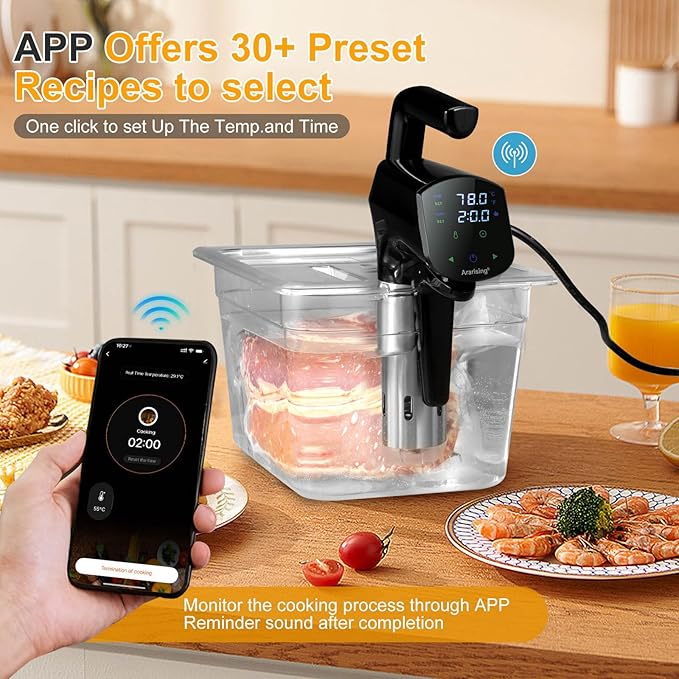 Sous Vide Cooker 2.4G WIFI, Sous Vide Machine with 30 Preset Recipes on APP & Calibration Function, 1100W Ultra-Quiet Immersion Circulator, Accurate Temperature and Time, Fast-Heating with Timer
