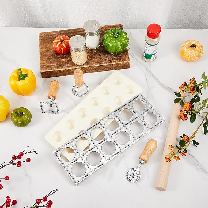 Geetery 5 Pcs Ravioli Mold Set 2 Inch Squares Ravioli Maker Cutter Include 1 Raviolis Maker Press 3 Pasta Cutter Stamp Makers 1 Wood Rolling Pin Pasta Making Tool for Home Kitchen Supplies (12 Holes)