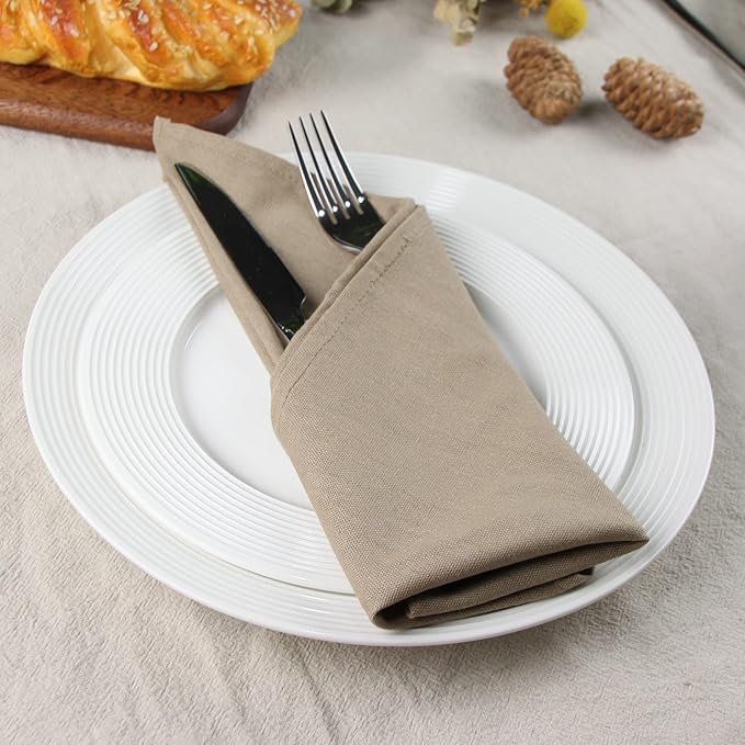 Solid Color Linen Blended Thin Dinner Cloth Napkins - Set of 12 (40 x 40 cm) - for Events & Home Use (Khaki)