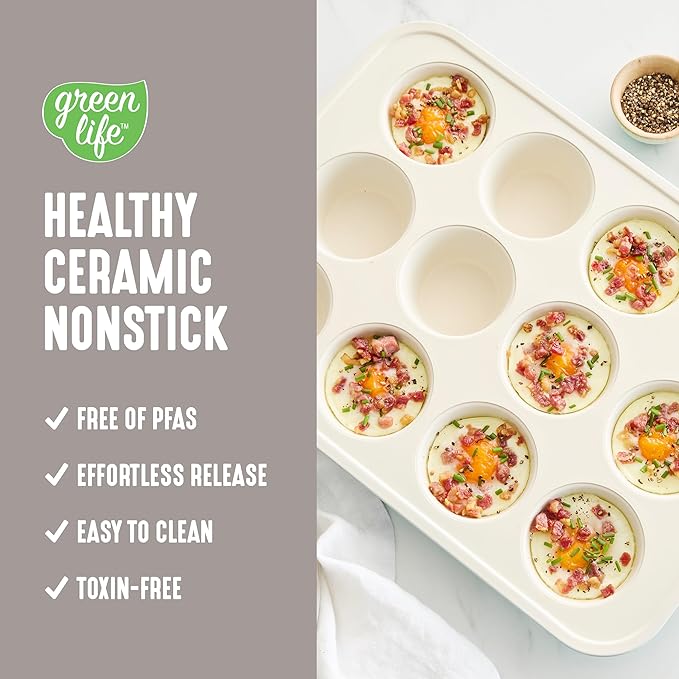 GreenLife 12-Cup Muffin Pan, Healthy Ceramic Nonstick Bakeware, PFOA & PFAS-Free Cupcake Tray, Durable Baking Pan, Versatile Kitchen Essential, Easy Clean Muffin Mold, Nonstick Baking Sheet, Taupe