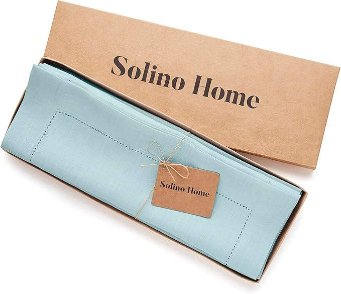 Solino Home Linen Cloth Placemats Set of 4-100% Pure Linen Hemstitch Aqua Blue Placemats 14 x 19 Inch - Classic Hemstitch Table Place Mats