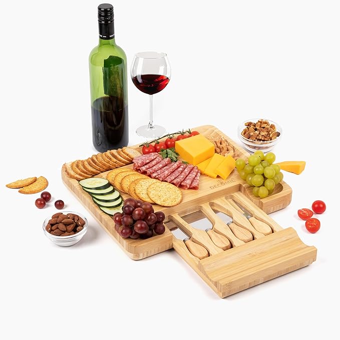 DECOMIL - Bamboo Cheese Board and Knife Set, Charcuterie Set, Cheese Board and Cutlery Set, Cheese Cutting Board,%100 Bamboo and Durable