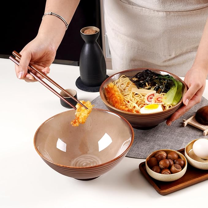 NUTRIUPS 8 Inch Ceramic Ramen Bowl Set of 2 Pho Bowls 40oz Japanese Noodle Udon Soup Bowls with Spoons and Chopsticks (Sunbaked Clay)