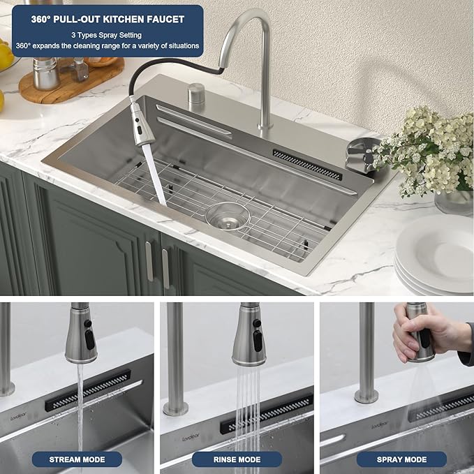 Lordear 31 Drop Kitchen Sink with Faucet Combo - 31"x20" Waterfall Kitchen Sink Workstation Stainless Steel 16 Gauge Single Bowl Topmount Handmade Sinks with Pull Out Faucet