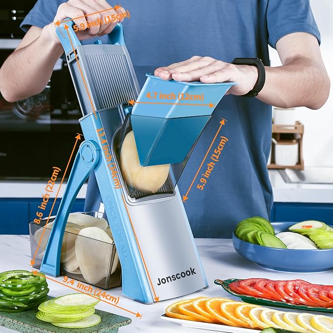 Vegetable Chopper with Adjustable Thickness - Safe Mandoline Food Slicer for Kitchen, Multifunctional Veggie Chopper Vegetable Cutter Slicer Dicer, All in 1, can Slice, Shred -Blue