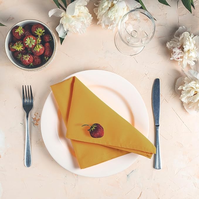 Ramanta Home Set of 12 Polyester Cloth Napkins 18x18 Inches - Washable Dinner Napkins with Hemmed Edges for Weddings, Thanksgiving, Hotel - Durable Table Linen for Parties or Everyday Use - Mustard
