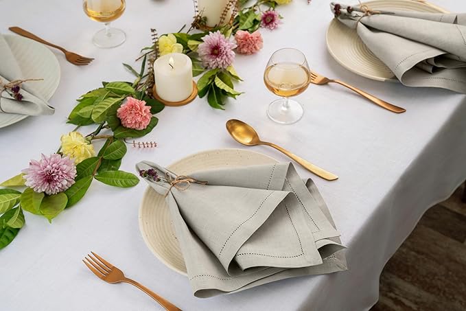 D'Moksha Homes Silver Grey Linen Napkins Set of 8 - Classic Hemstitch 100% Pure Linen Dinner Napkins Cloth 20 x 20 Inch for Fall, Thanksgiving, Holiday - Handcrafted and Machine Washable