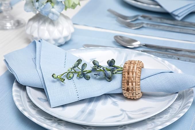 Solino Home Sky Blue Linen Napkins Set of 4-100% Pure Linen Hemstitch Dinner Napkins 20 x 20 Inch for Holiday, Christmas - Classic Hemstitch