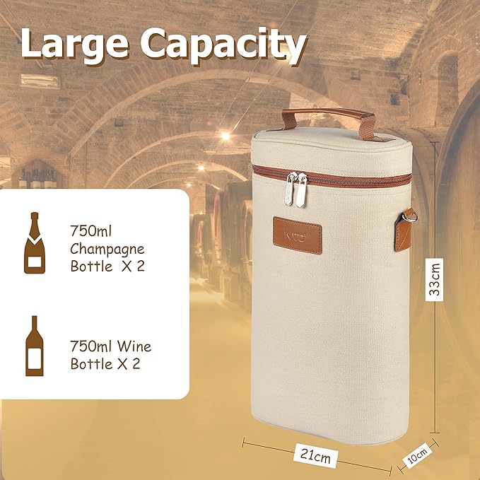 Tirrinia 2 Bottle Wine Gift Tote Carrier - Leakproof & Insulated Padded Versatile Wine Cooler Bag for Travel, BYOB Restaurant, Wine Tasting, Party, Dinner,Gift for Wine Lovers, Beige