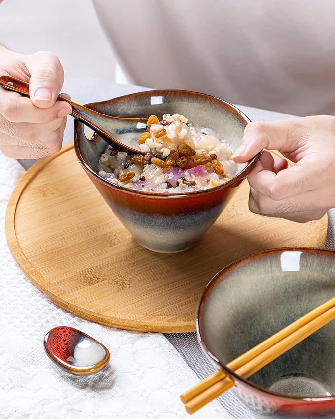 HENXFEN LEAD Japanese Ramen Bowls Set of 2 - Deep Ceramic Soup Bowls with Spoons, Chopsticks and Holder, 20 Oz Serving Dishes for Pho, Udon Noodle, Cereal - Reactive Red
