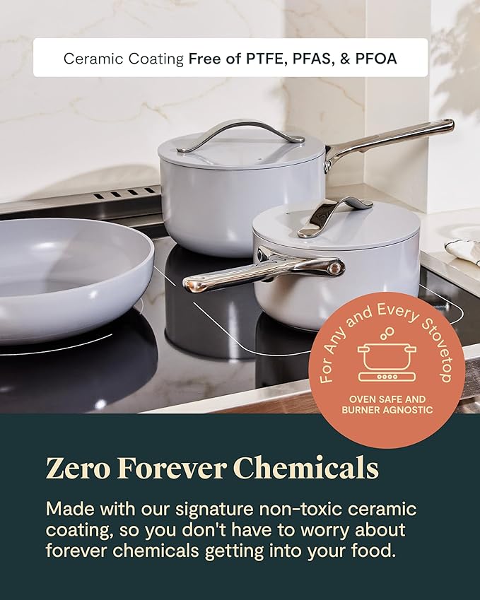 Caraway Deluxe Nonstick Ceramic Cookware Set (16 Piece) Pots, Frying Pans, Lids and Kitchen Storage - PFAS & PFOA Free - Oven Safe Ceramic Pan Set & Compatible with All Stovetops - Perracotta