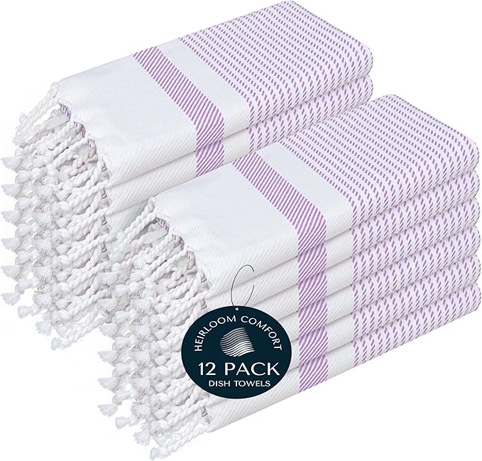 Lavender Turkish Kitchen Towels 16x26 Inch, 12 Pack, 100% Cotton, Ultra Absorbent, Soft, Fast Dry, Machine Washable, Dish Towel with Tassels for Drying Dishes, Cleaning, Everyday Use