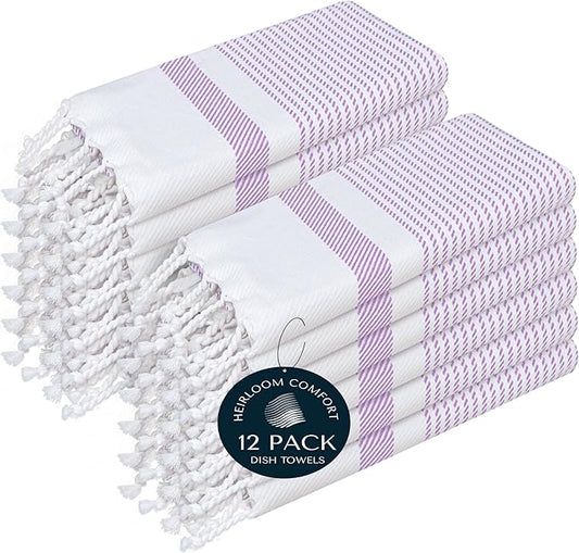 Lavender Turkish Kitchen Towels 16x26 Inch, 12 Pack, 100% Cotton, Ultra Absorbent, Soft, Fast Dry, Machine Washable, Dish Towel with Tassels for Drying Dishes, Cleaning, Everyday Use