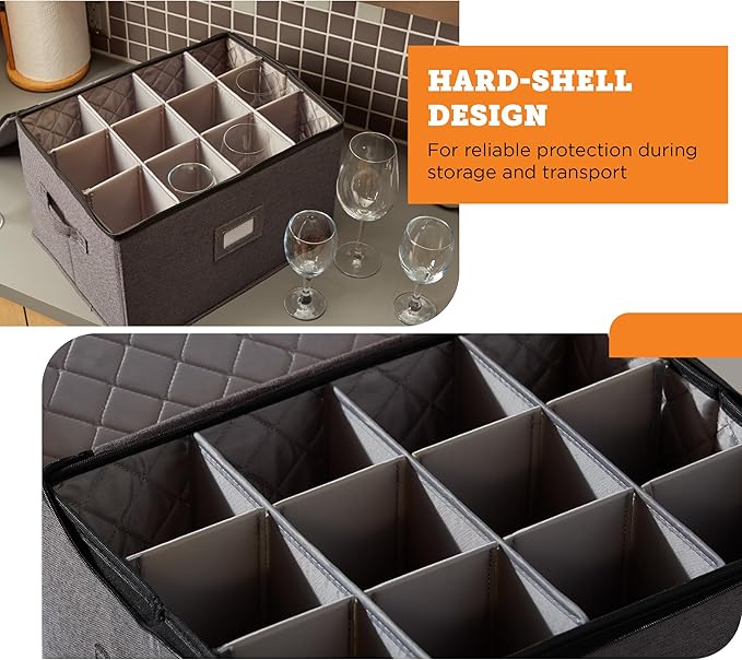 storageLAB Wine Glass Storage Containers, Hard Shell Organizer for Stemware and Glassware Sets, Stackable Wine Glass Storage Box with Dividers for Kitchen and Moving Supplies - 1 Pack, Gray