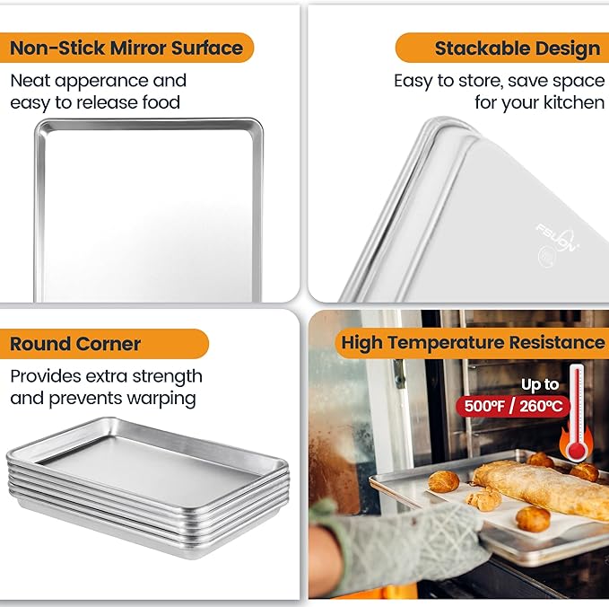 6 Pack Full Size Baking Sheet Pan, Aluminum Commercial Cookie Sheet Pan, Durable & Anti-Stick 26”x 18”