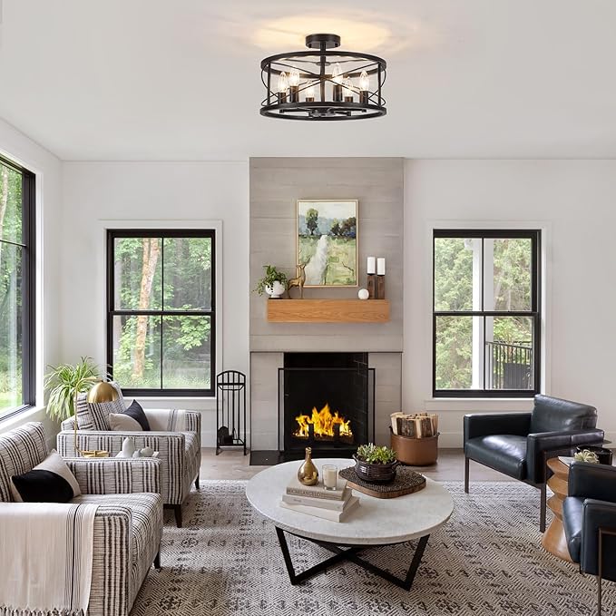 6-Light Black Semi Flush Mount Ceiling Light, 16.54'' Modern Farmhouse Close to Ceiling Light Fixtures, Ceiling Lamp for Hallway Entryway Kitchen Dining Room Living Room Bedroom Lights, UL Listed