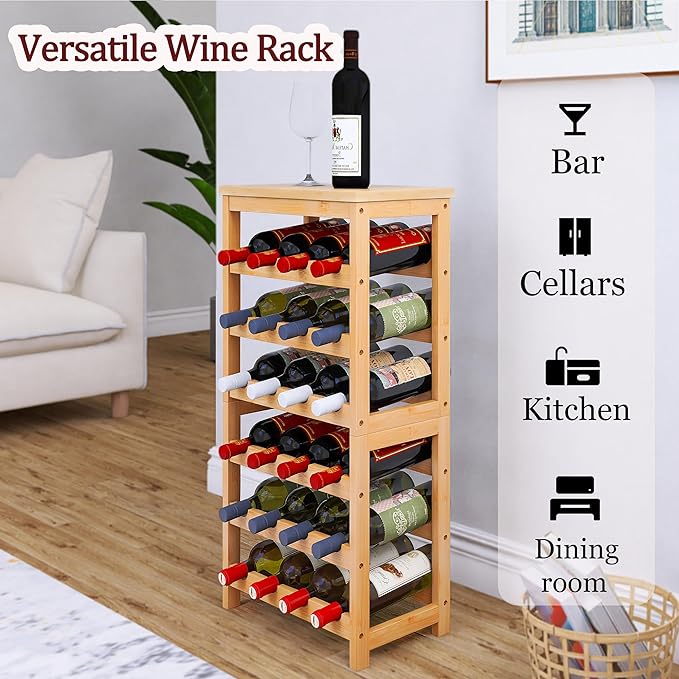 24 Bottles Floor Wine Rack with Tabletop, 6 Tier Bamboo Wine Display Storage Shelves, Wave Bars Freestanding Wine Bottle Organizer Shelf for Kitchen Pantry Cellar, Natural